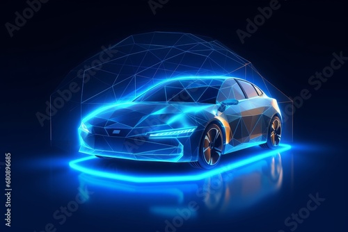 Dome force field over the car in a futuristic polygonal style. Power protect shield concept of care and vehicle insurance against risks.  illustration with light effect and, Generative AI