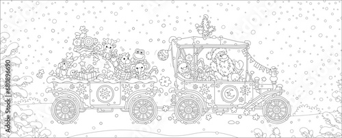 Christmas and New Year card with Santa Claus driving his small retro car and a trailer full of holiday gifts, toys and sweets for little kids, black and white outline vector cartoon illustration