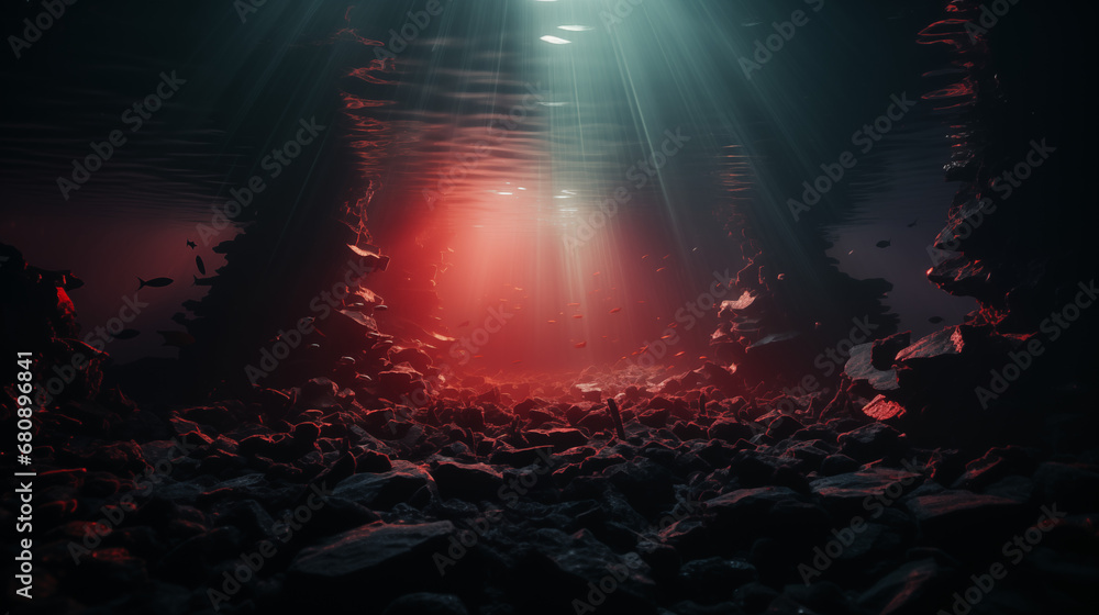 Underwater ravine illuminated by ethereal light beams with fish swimming amidst rocky terrain. Generative AI