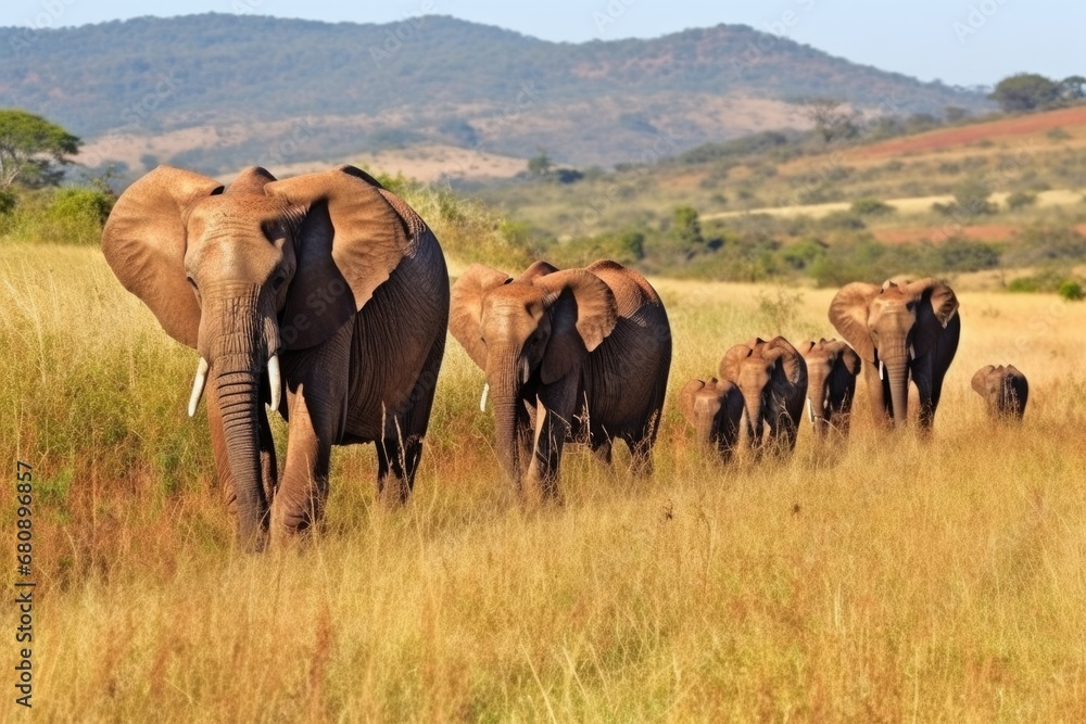 march of the elephant herd in the african grasslands
