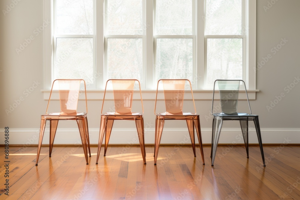 non-uniform metal chairs arranged in a minimalist dining room non-uniform metal chairs arranged in a minimalist dining room