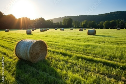 circular hay bales in a sunlit summer meadow photo