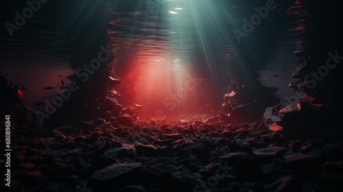 Underwater ravine illuminated by ethereal light beams with fish swimming amidst rocky terrain. Generative AI photo