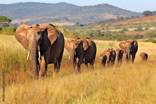 march of the elephant herd in the african grasslands © Natalia