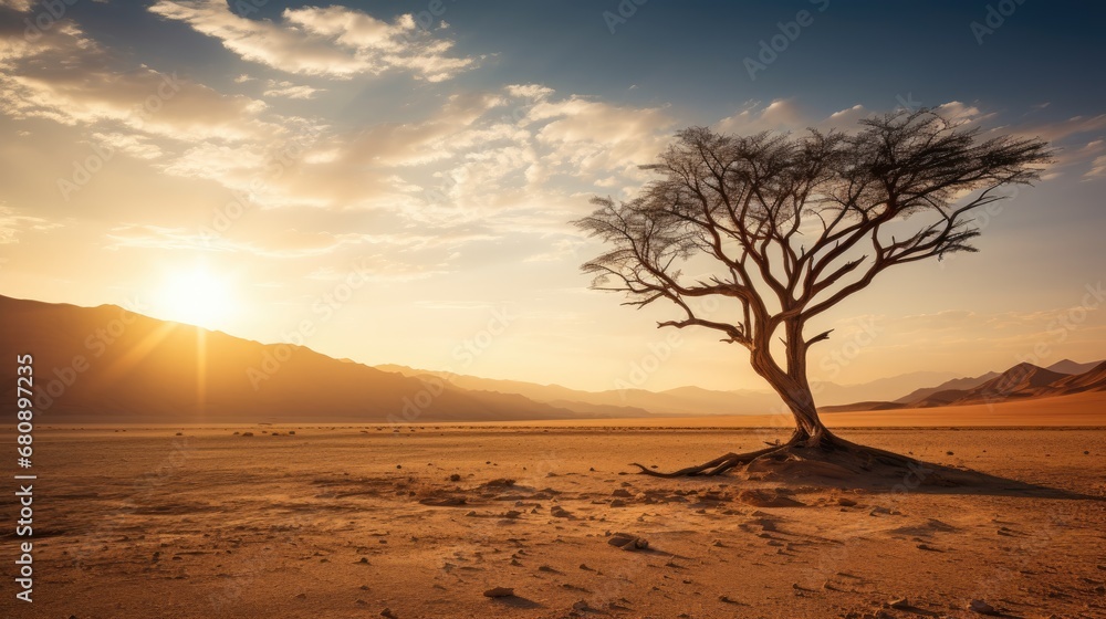 tree in the middle of the desert - obrazy, fototapety, plakaty 