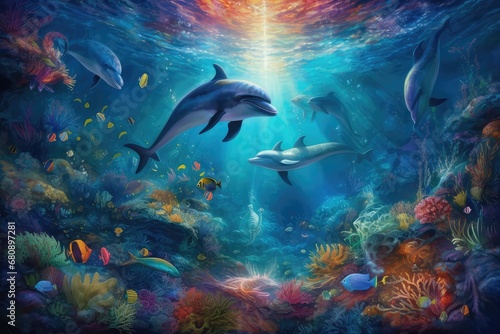 beautiful sea world backdrop with dolphin and corals