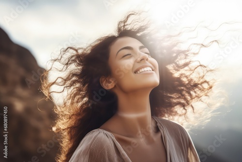 confident and smiling woman thinking positive ideas photo