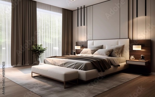 Realistic photo of a comfortable modern bedroom with elegant decoration. generative ai © KBL Sungkid