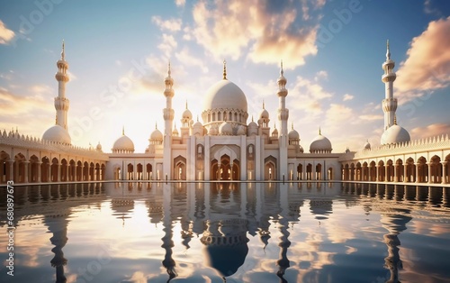 Realistic photo of a mosque with magnificent ancient Islamic architecture. generative ai