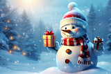 Cute snowman with gifts in snowy background wallpaper for Christmas card. Merry Xmas in December. Generative AI. 