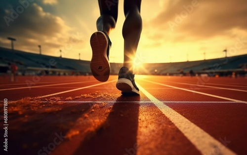 Realistic photo of male running athlete on athletic racetrack, low section shot of runner. generative ai