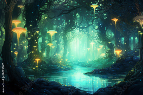 Magical Forest with Colorful Mushrooms