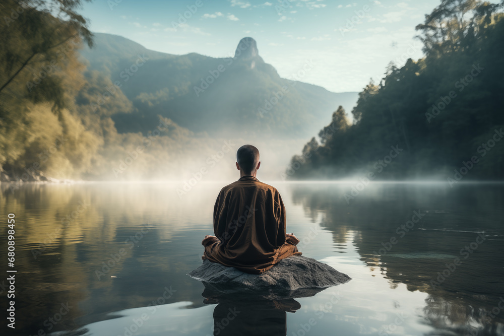 Monk meditating or meditating by a quiet lake - theme of inner balance, peace and tranquillity - obrazy, fototapety, plakaty 