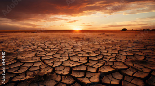 cracked earth in the desert at sunset