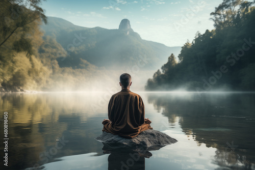 Monk meditating or meditating by a quiet lake - theme of inner balance, peace and tranquillity