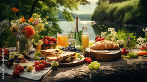 picnic with sandwiches and fruit on a wall by the river