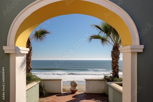 stucco lighthouse with an archway looking out to the ocean
