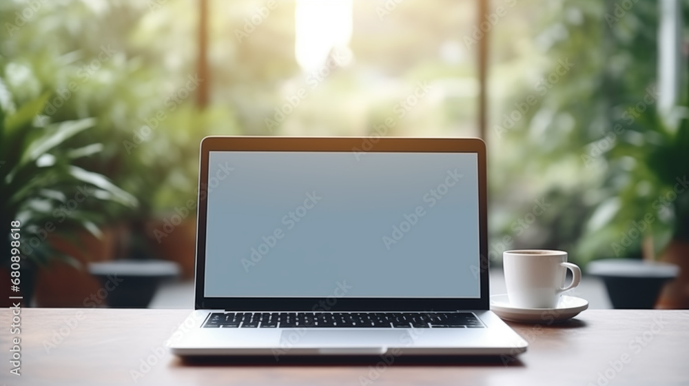 Laptop computer with blank screen on work table front view.Generative ai Laptop computer with blank screen on work table front view.Generative ai