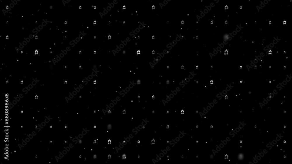 Template animation of evenly spaced bonfire symbols of different sizes and opacity. Animation of transparency and size. Seamless looped 4k animation on black background with stars Template animation of evenly spaced bonfire symbols of different sizes and opacity. Animation of transparency and size. Seamless looped 4k animation on black background with stars