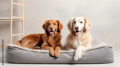 Two golden retriever dogs lying in a grey dog bed, cute playful dog, Dog banner 