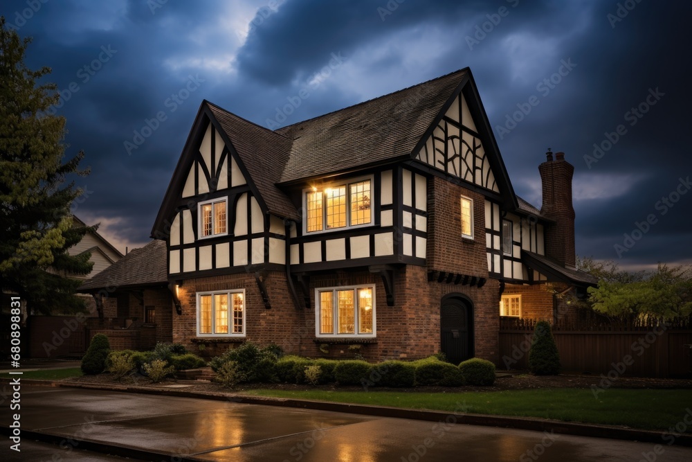 overcast sky over tudor home and brick base lit by outside lights overcast sky over tudor home and brick base lit by outside lights