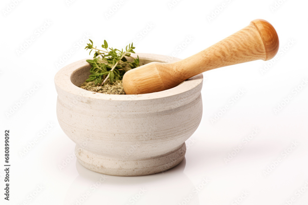 a wooden mortar and pestle alongside green herbs, demonstrating the preparation of herbal ingredients for cooking and medicinal purposes.
