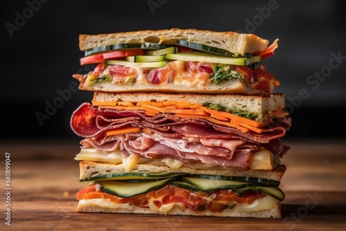 a charcuterie sandwich or panini with layers of cured meats, cheese, and vegetables