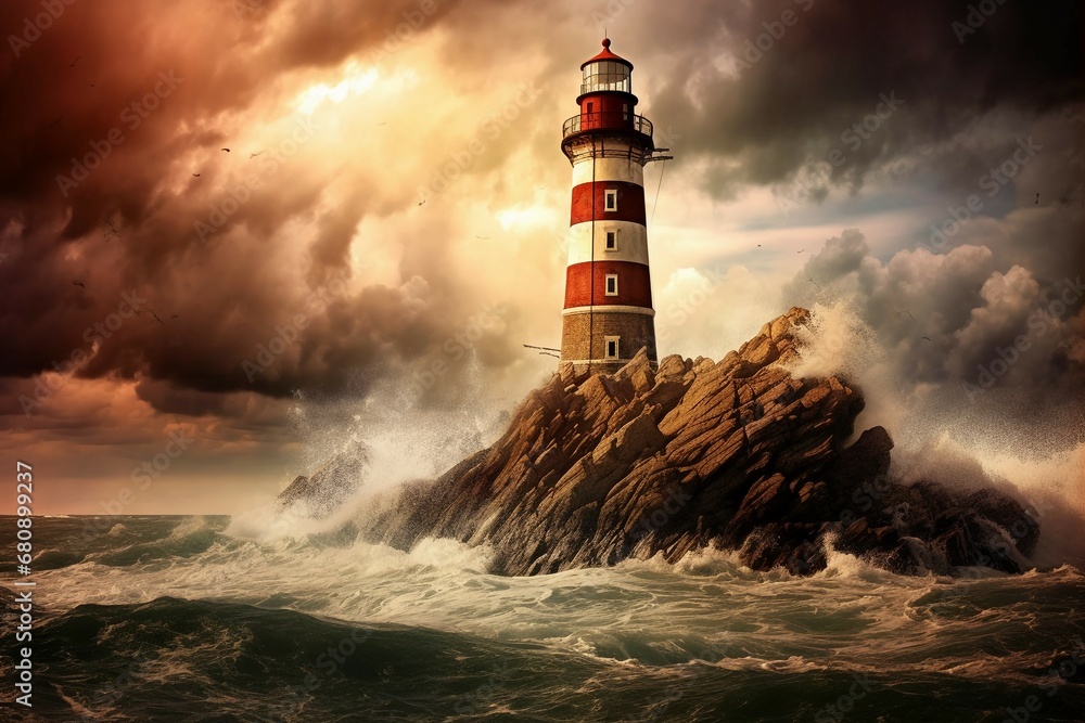 A captivating image of a lighthouse standing tall against a dramatic sea backdrop