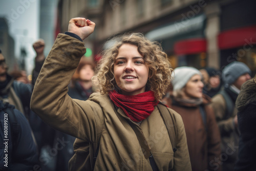 A powerful image of a diverse crowd of feminists marching through a city street during a demonstration for equality and women's rights. photo