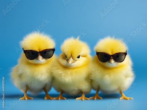 three yellow chicks with glasses on a blue background. Easter concept