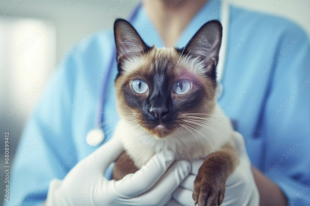 A Siamese cat receiving vaccinations and medicine from a caring veterinarian. A Siamese cat receiving vaccinations and medicine from a caring veterinarian.