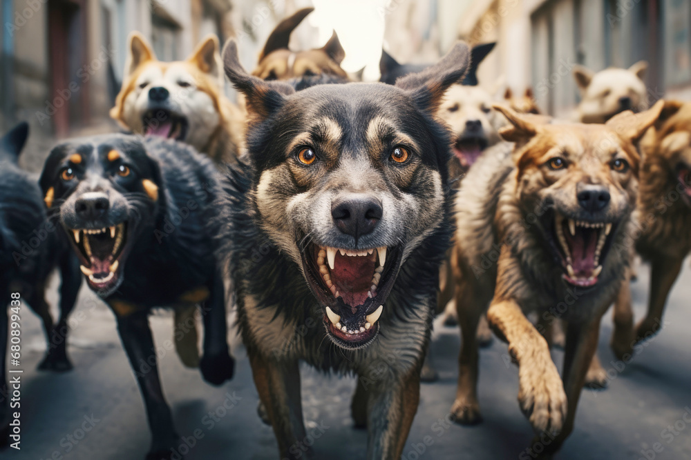 Uncontrolled barking dogs on the street, posing a potential threat to pedestrians. - obrazy, fototapety, plakaty 