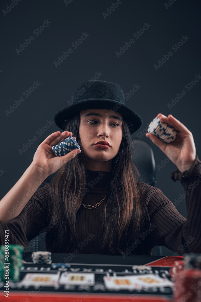 Pretty woman play poker and have a good time in casino, texas hold'em Pretty woman play poker and have a good time in casino, texas hold'em