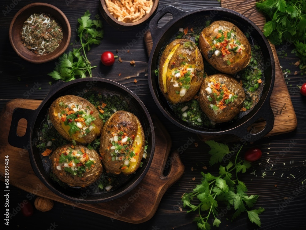 Flat lay view of stowed potatoes with herbs and spices on a pan table setting