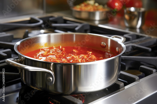 A cook preparing a delicious Italian meal with a red tomato sauce in a traditional kitchen