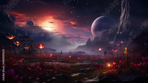 Beautiful dark fantasy landscape wallpaper, background. Generative AI © Odin