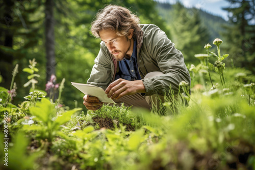 A passionate botanist's outdoor lifestyle, which involves studying and analyzing plant specimens, promoting healthy gardens, and contributing to our understanding of the environment. photo