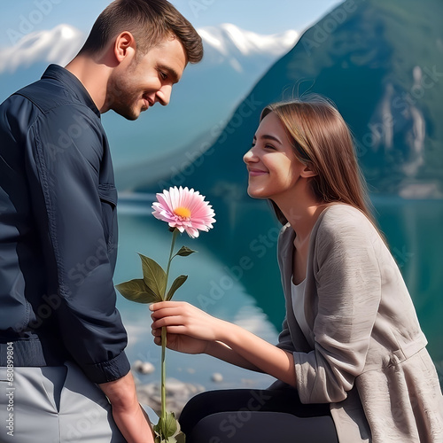 Hombre regalando una flor a una mujer en un entorno natural con un lago y montañas nevadas photo