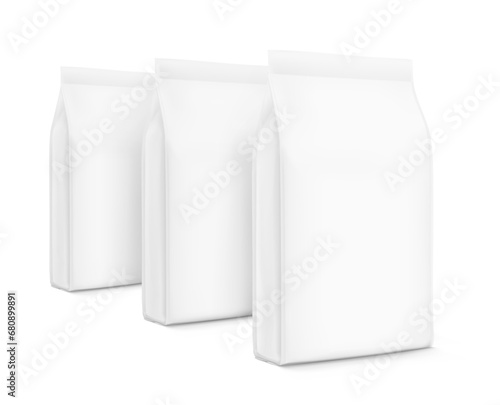 Vertical bag mockups. Flat bottom gusset bag. Half side view. High realistic. Vector illustration isolated on white background. Ready for use in presentation, promo, advertising and more. EPS10.