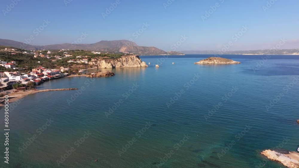 Crete, Greece. Aerial drone shot. Falassarna Beach in Chania, Elafonisi lagoon, Falassarna, Hills and town of Palaiokastro, Old christian church ruins in Crete, Katholiko Monastery greek landmark Crete, Greece. Aerial drone shot. Falassarna Beach in Chania, Elafonisi lagoon, Falassarna, Hills and town of Palaiokastro, Old christian church ruins in Crete, Katholiko Monastery greek landmark