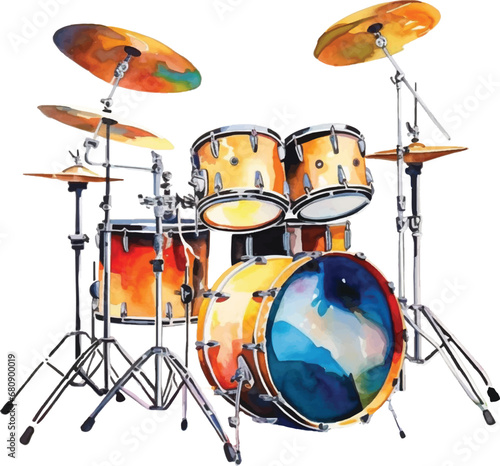 Watercolor drum set on white background