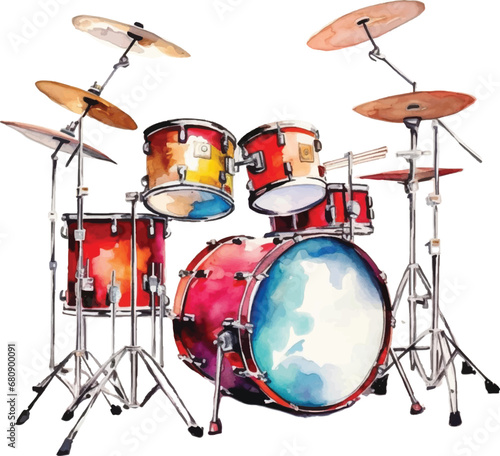 Watercolor drum set on white background