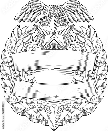 A police shield star sheriff cop badge or military security crest emblem motif featuring an eagle in a vintage woodcut style.