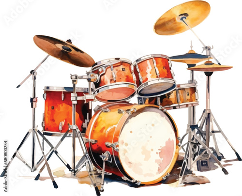 Watercolor drum set on white background