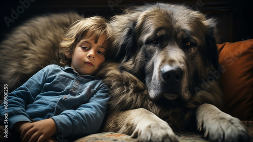 Cute child slipping with a dog on sofa, friendships between child and dog concept, ai generated © Alona