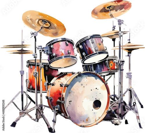 Watercolor drum set on white background