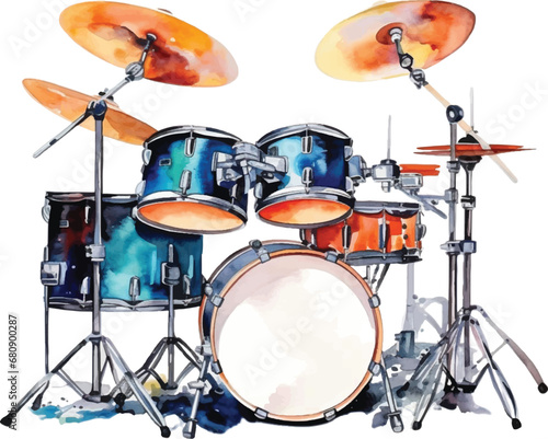 Watercolor drum set on white background