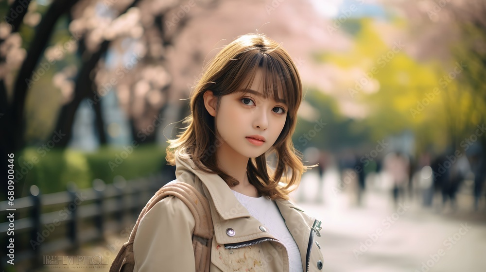 Fototapeta premium 桜の木の下で微笑む女性