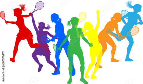 Silhouette tennis women female players set. Active sports people healthy players fitness silhouettes concept.