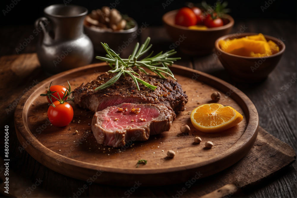Delicious fried lamb steak on a wooden plate Delicious fried lamb steak on a wooden plate